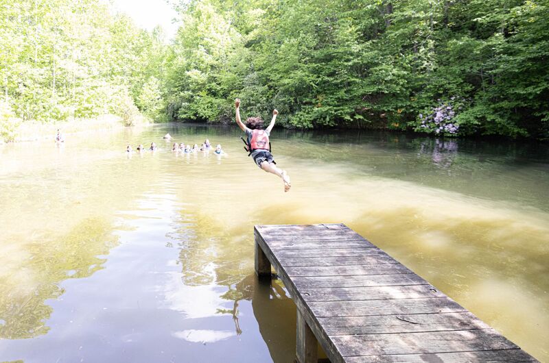 A person wearing a life jacket is captured mid-air, leaping from a wooden dock into a lake or river. The water reflects the sunlight, creating a bright glare. In the background, lush green trees line the shore, and several ducks are swimming in the water. The scene suggests a warm, sunny day and a fun, adventurous activity.